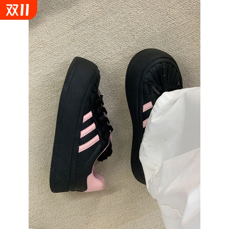 德训鞋女2025夏季新款百搭厚底板鞋女增高休闲鞋圆头松糕鞋小黑鞋