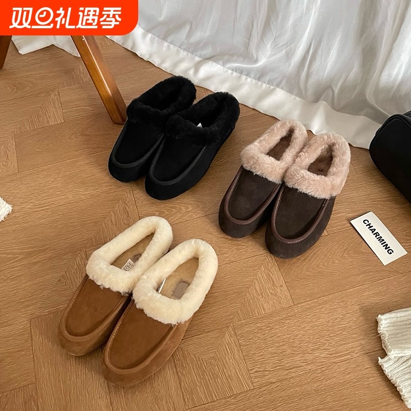 河南桑坡冬季新款翻毛雪地靴女羊皮毛一体一脚蹬懒人鞋穆勒鞋平底