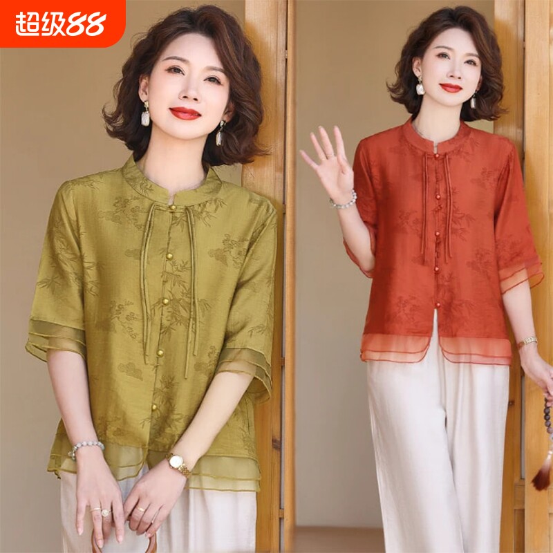 2026夏季国风中老年妈妈装上衣时尚百搭女新中式显瘦小衫套装衬衫