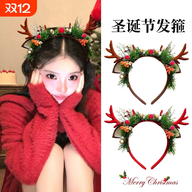 圣诞节头饰森系麋鹿发箍新款红色鹿角头箍女儿童可爱发卡成人头饰
