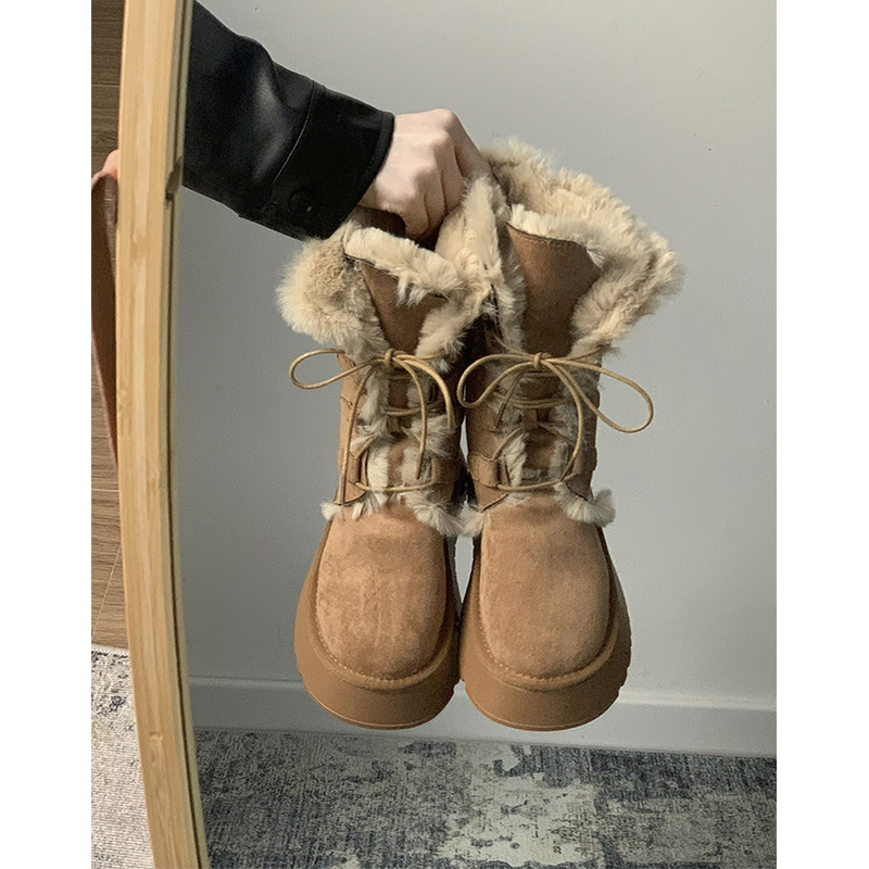 复古皮毛一体保暖雪地靴女2024冬季新款厚底加绒加厚棉鞋防水中筒