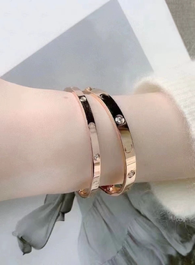 经典款手镯男女款18K玫瑰金宽窄版镶钻情侣款轻奢百搭手环不掉色