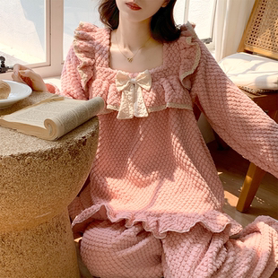加厚加绒可爱甜美冬天家居服套装 长袖 秋冬季 公主风珊瑚绒睡衣女款