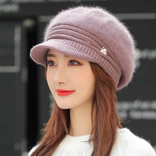 帽子女秋冬天加绒加厚保暖帽鸭舌贝雷帽针织帽兔毛帽毛八角冬季
