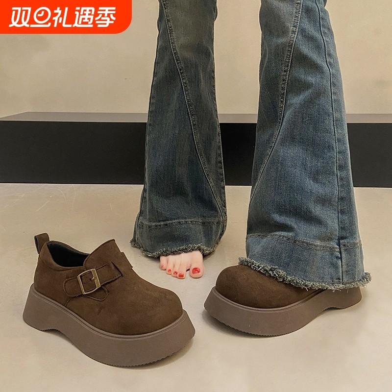 白鹿同款爆款厚底勃肯鞋女士乐福鞋2025新款百搭一脚蹬松糕跟单鞋