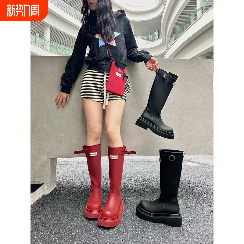 厚底防滑高筒红色雨靴子雨鞋2025户外不过膝长筒靴骑士靴黑色圆头