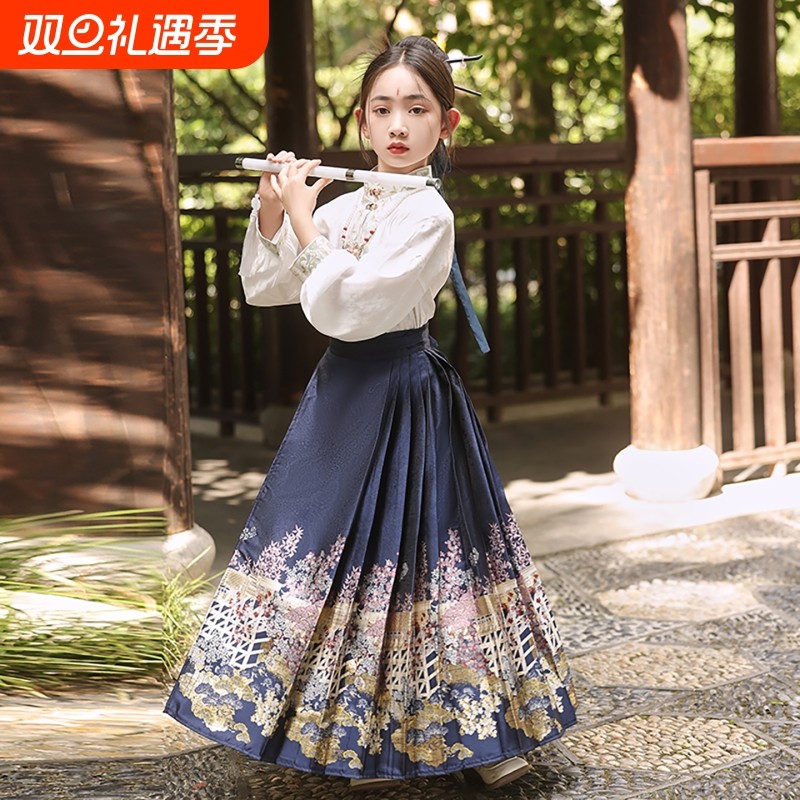 女童马面裙套装2025新款新中式儿童汉服国风古筝唐装小个子秋红色
