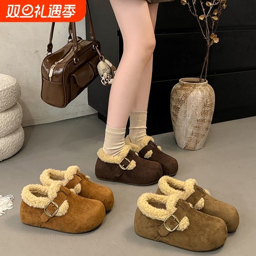 厚底全麦吐司2代毛毛勃肯鞋女2025秋冬新款加绒内增高豆豆棉鞋子