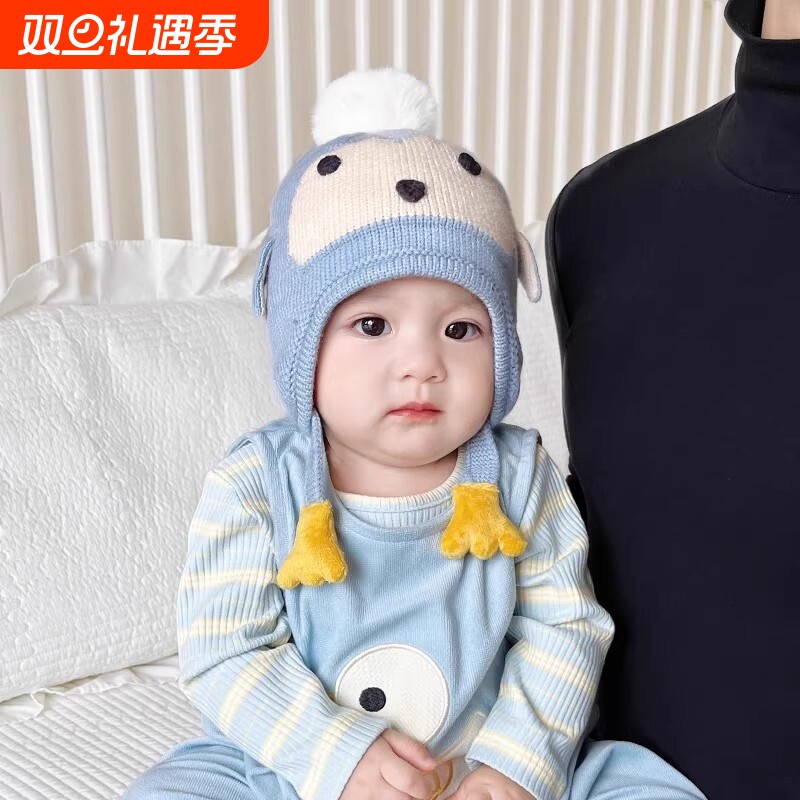 婴儿帽子秋冬季企鹅护耳帽男童女宝宝冬天加厚保暖毛线帽红色蓝色