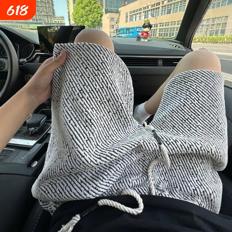夏季爆款男裤针织斑马纹宽松大码五分裤潮牌白色黑色灰色梭织抽绳
