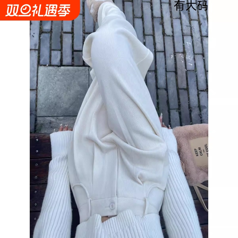 白色裤子女秋冬季2025针织加绒雪尼尔阔腿裤灯芯绒休闲西装裤大码