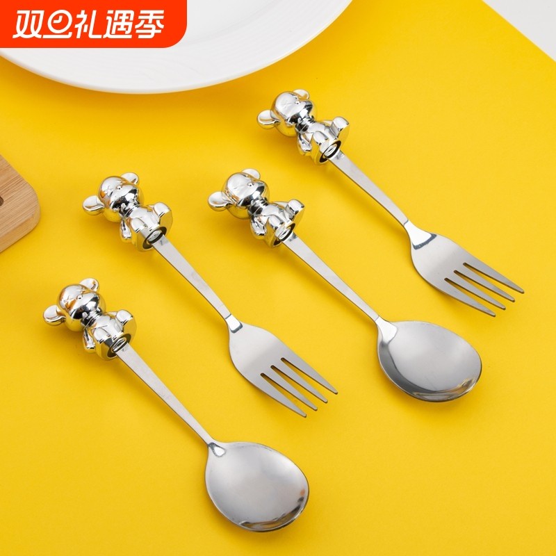 网红叉子家用儿童勺子新款创意小熊卡通高颜值家用不锈钢勺叉可爱