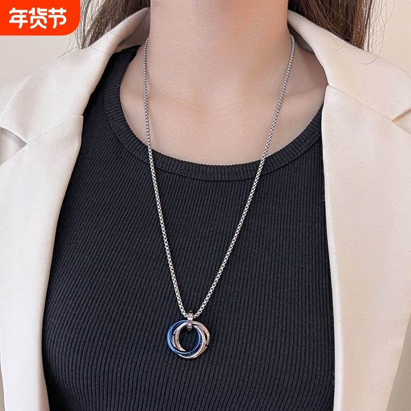 KEEOOK项链男双环设计锁骨链酷潮高街男士情侣项链时尚吊坠饰品