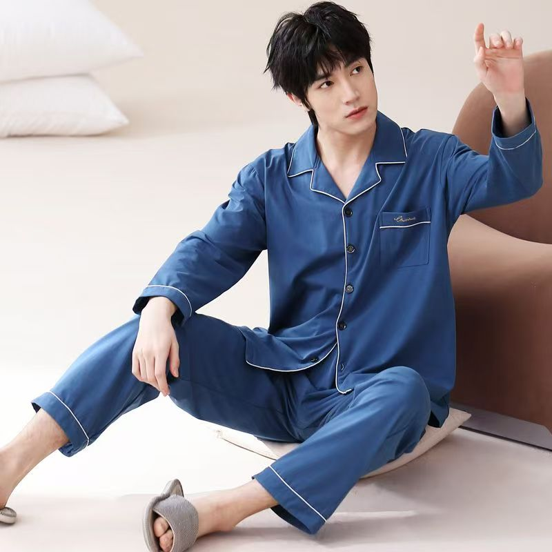 睡衣男士春秋纯棉长袖薄款开衫男款全棉秋冬男式加大码家居服套装