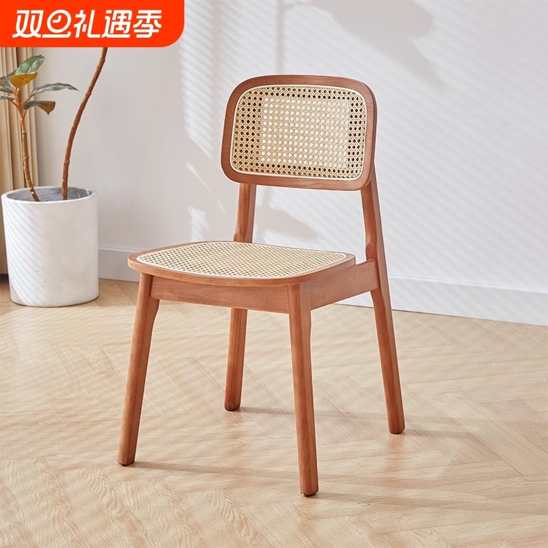 藤编实木餐椅家用休闲简约网红北欧法式餐厅中古靠背椅子软包原木