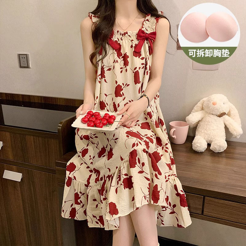 花朵甜美网红风带胸垫吊带睡裙女夏季梭织棉2025新款夏天睡衣裙P