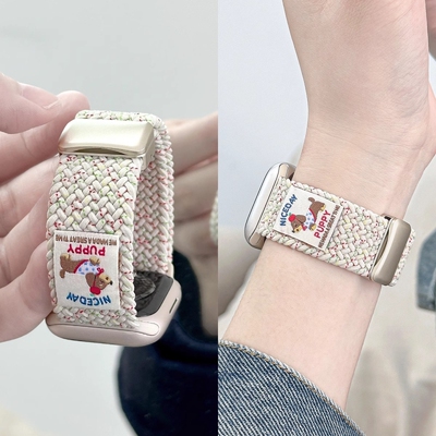 腊肠小狗适用iwatch磁吸扣表带刺绣尼龙弹力applewatch10/9/8/7/6/5苹果手表春夏ultra2可爱印花回环腕带编织