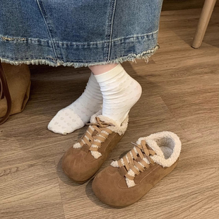 系带复古加绒保暖勃肯鞋 平底毛毛鞋 新款 女2024秋冬季 休闲保暖棉鞋