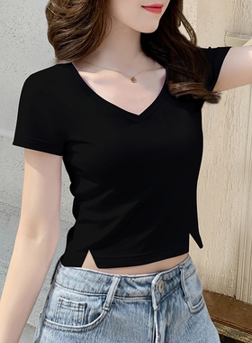 纯棉t恤女短袖2026新款夏季小个子短款V领打底衫上衣红色黑色白色