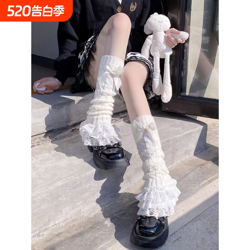 蕾丝花边小腿袜套女蝴蝶结堆堆袜子jk洛丽塔显瘦腿套灰色中筒白色
