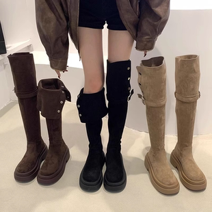 子黑色 过膝骑士靴鞋 两穿翻折套筒厚底长筒靴子女2025年秋冬季 新款