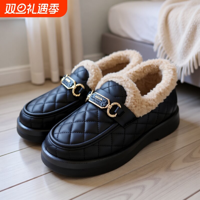 软底女鞋乐福鞋女2025年冬季新款一脚蹬加绒棉鞋豆豆鞋外穿毛毛鞋