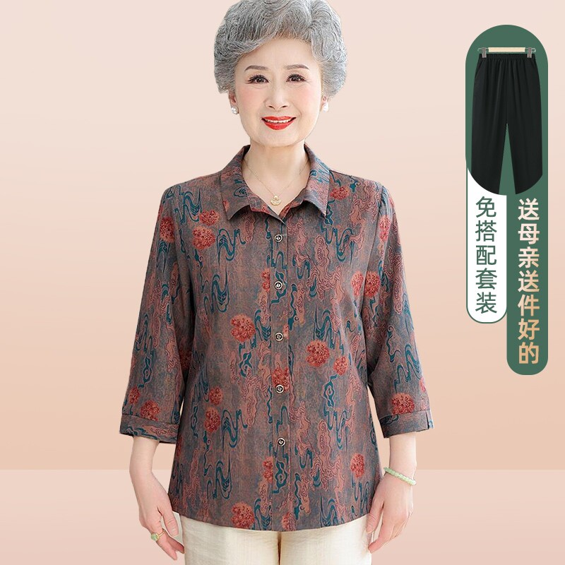 中老年人夏装衬衫女奶奶休闲七分袖翻领上衣妈妈款老人太太开衫