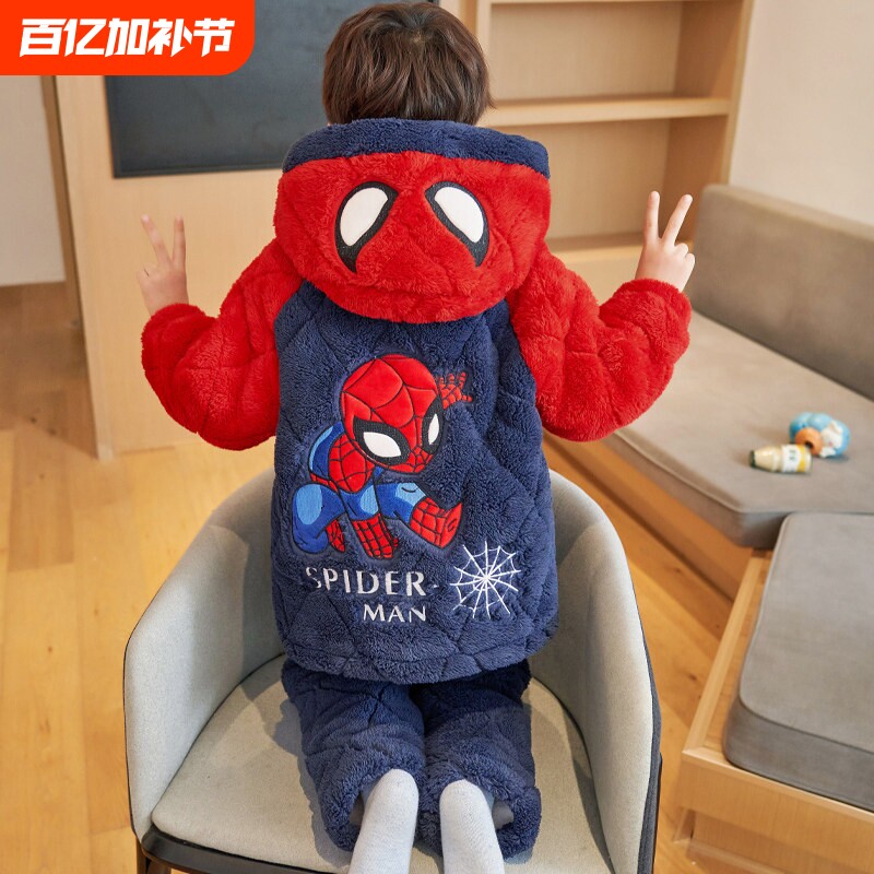 儿童法兰绒睡衣2026秋冬加绒加厚款三层夹棉珊瑚绒男童保暖家居服