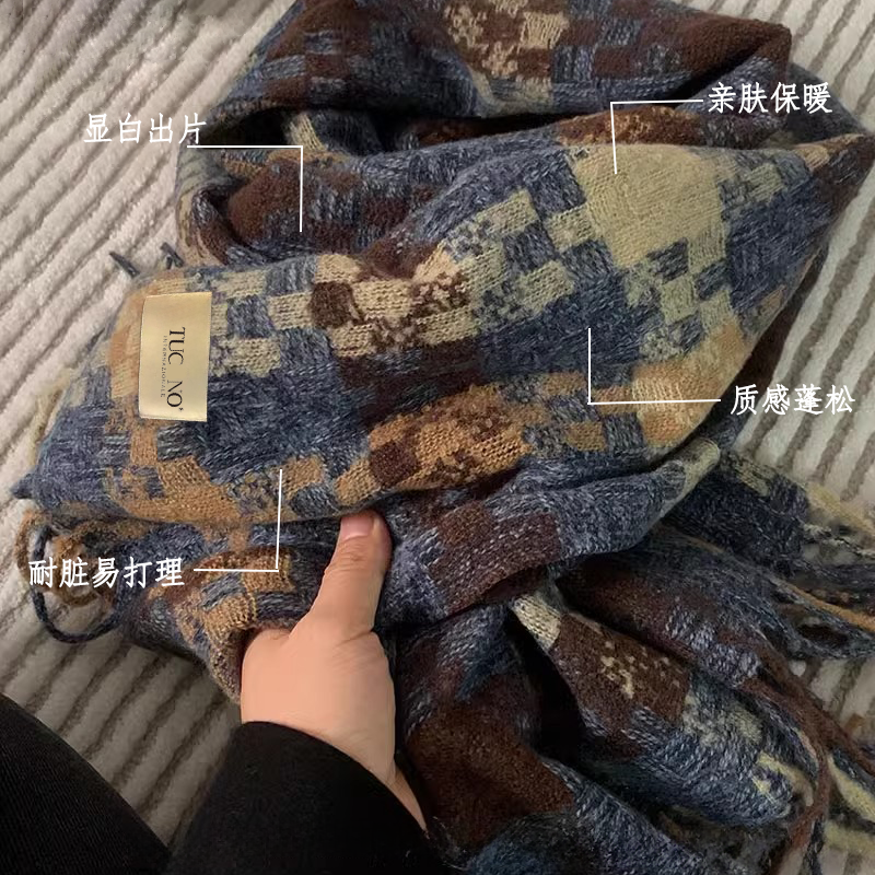 2025年新款复古格纹围巾女冬季保暖流苏高级感情侣款围脖男礼物