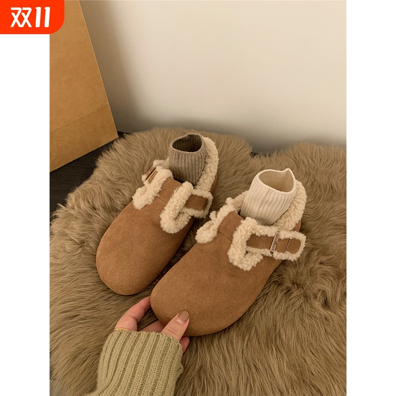 牛皮版!厚底棕色加绒勃肯鞋毛毛鞋女鞋子外穿秋冬保暖棉鞋雪地靴