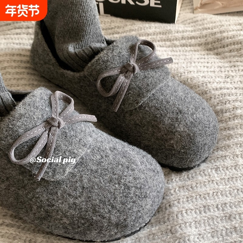 秋冬~松弛感！文艺复古毛呢勃肯鞋女加绒一脚蹬单鞋灰色平底红色,女鞋,深口单鞋,淘宝优惠券,粉丝福利购,淘宝优惠卷