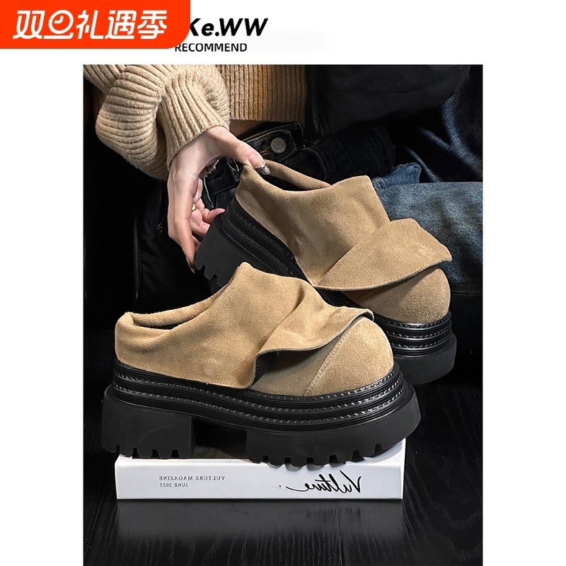 磨砂皮松糕厚底包头半拖鞋女外穿复古真皮百搭小个子增高勃肯拖鞋