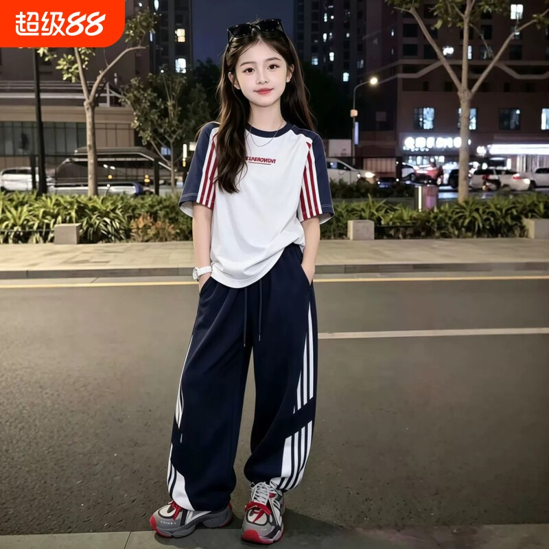 高品质女童短袖长裤套装薄款初中生夏装运动中大童衣服小女孩童装