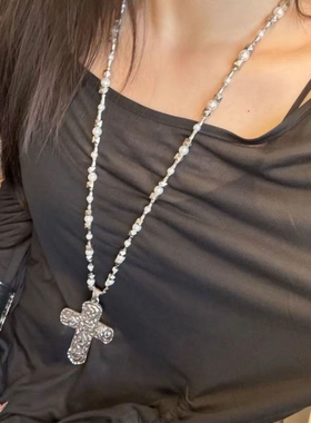 欧美重工串珠十字架吊坠项链女潮流小众Y2K亚文化毛衣链辣妹配饰