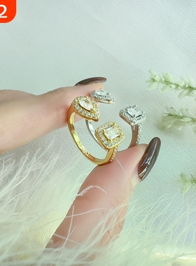 高版本精工水滴方糖镶钻开口戒指女高级感送女友圣诞节平安夜礼物