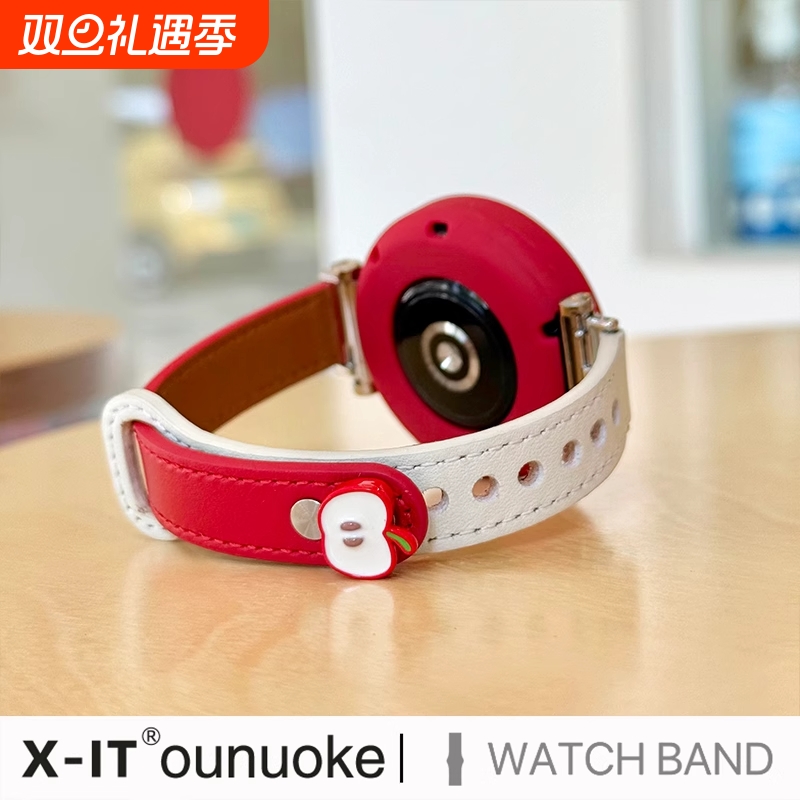 适用于华为手表gt5表带gt4女新款3头层牛皮watch4pro立体苹果真皮GT2watch3拼色荣耀4pro创意白拼红双钉扣