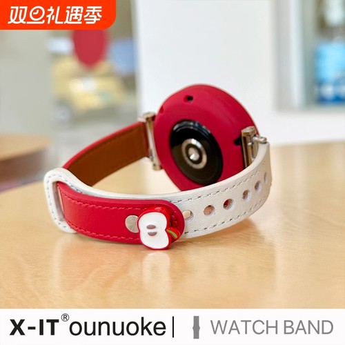 适用于华为手表gt5表带gt4女新款3头层牛皮watch4pro立体苹果真皮GT2watch3拼色荣耀4pro创意白拼红双钉扣