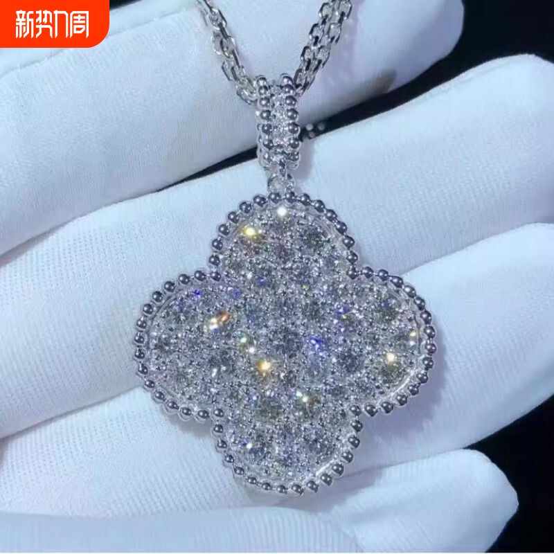 全新高定超闪品质满钻大号幸运草项链952银镀18k金红玛瑙黑白贝