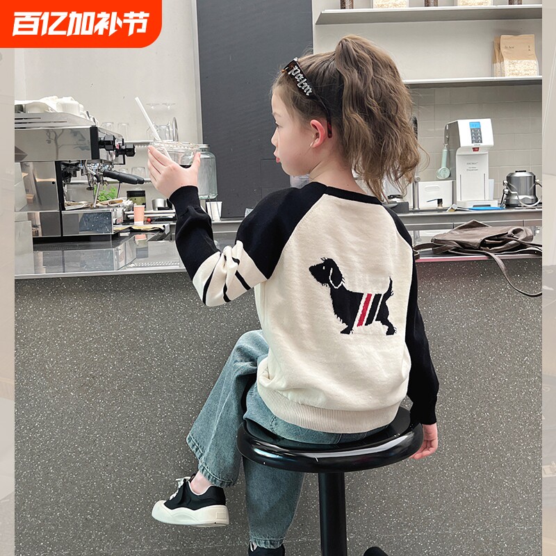女童撞色毛衣针织衫2025秋冬新款中大童宽松洋气休闲打底衫长袖潮