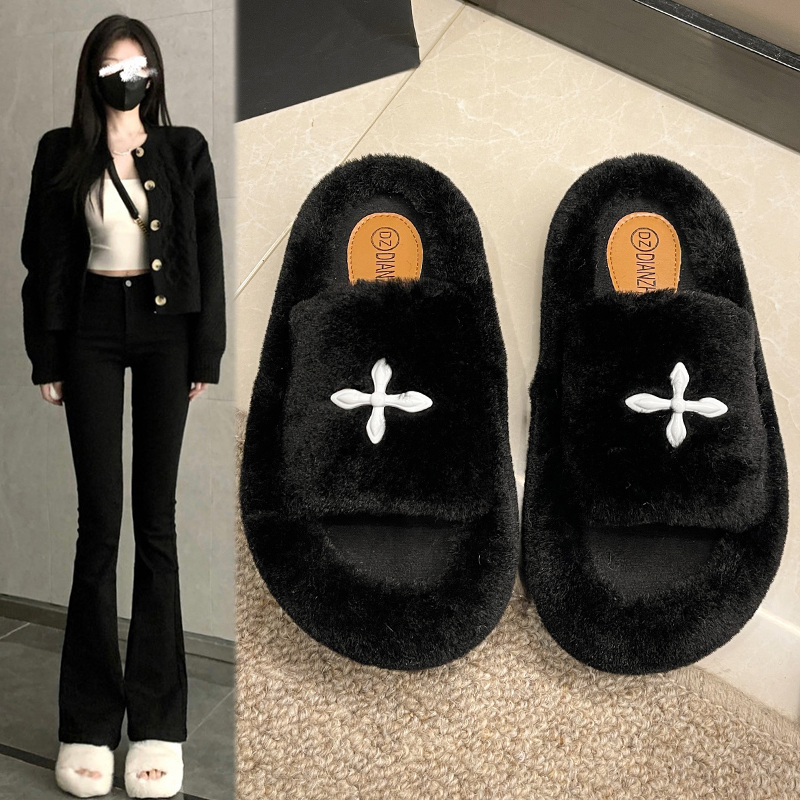 爆款毛毛鞋女2025秋冬季新款厚底毛绒拖鞋外穿十字花棉鞋懒人鞋子