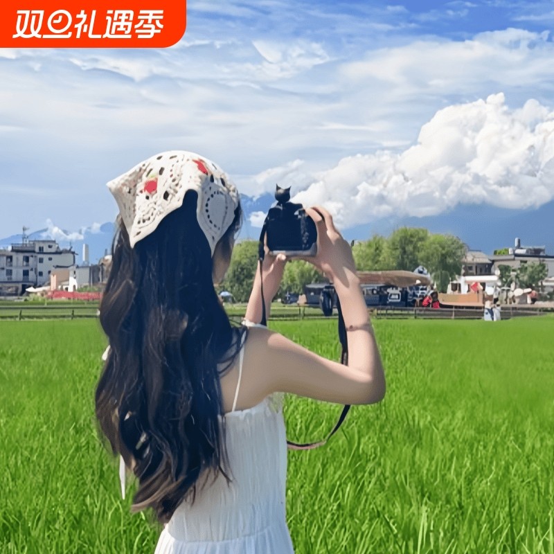 复古针织头巾手工多巴胺三角巾海边出游甜美可爱钩花田园风女头饰