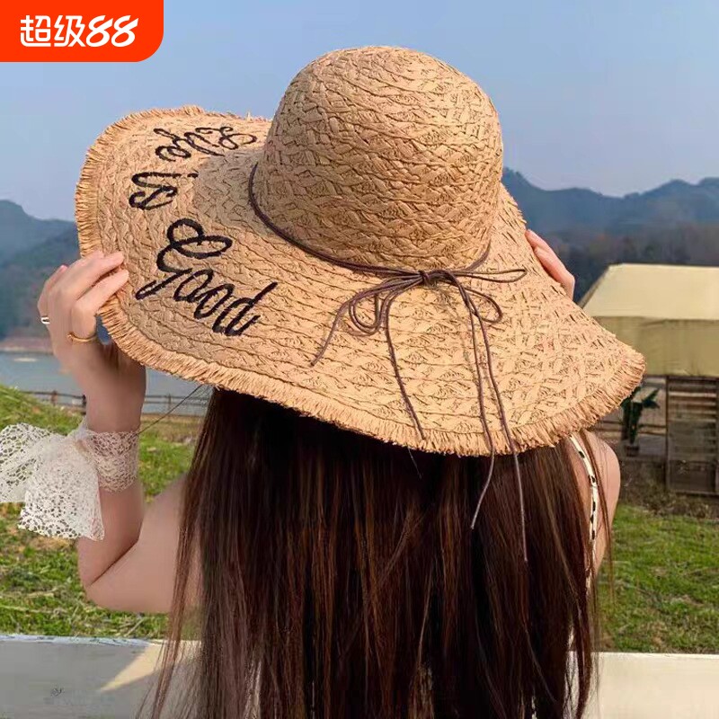 编织刺绣字母草帽女夏季户外显脸小遮阳帽防晒沙滩太阳帽子可折叠