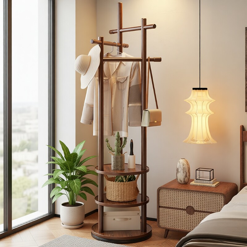 实木卧室衣帽架落地衣架旋转家用置物架立式衣服架子客厅挂衣架子