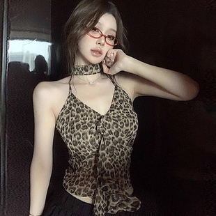 大码辣妹豹纹露背挂脖吊带小背心女夏季紧身内搭美式外穿性感上衣
