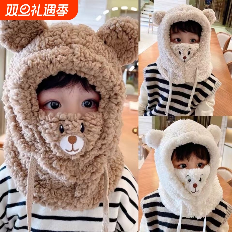 儿童帽子加绒男女童口罩护耳帽冬季骑车防风帽三合一头套防寒护脸