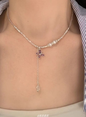 轻奢清新锆石蝴蝶珍珠碎银项链紫色高级感长款碎银子串珠锁骨链