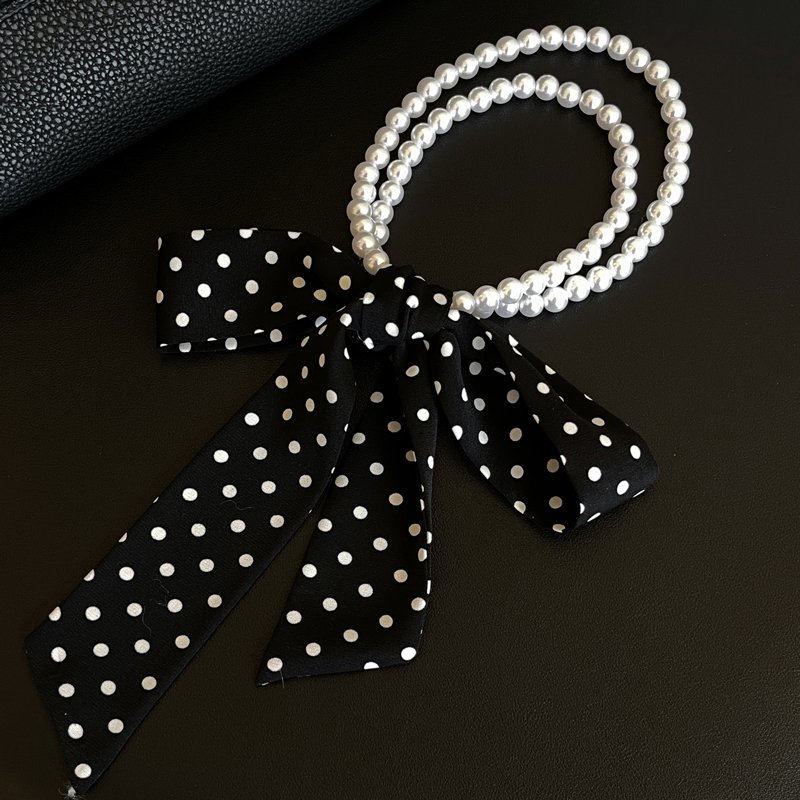 项链长条丝巾女飘带春夏高级感领巾珍珠围巾锁骨链12波点黑色白色