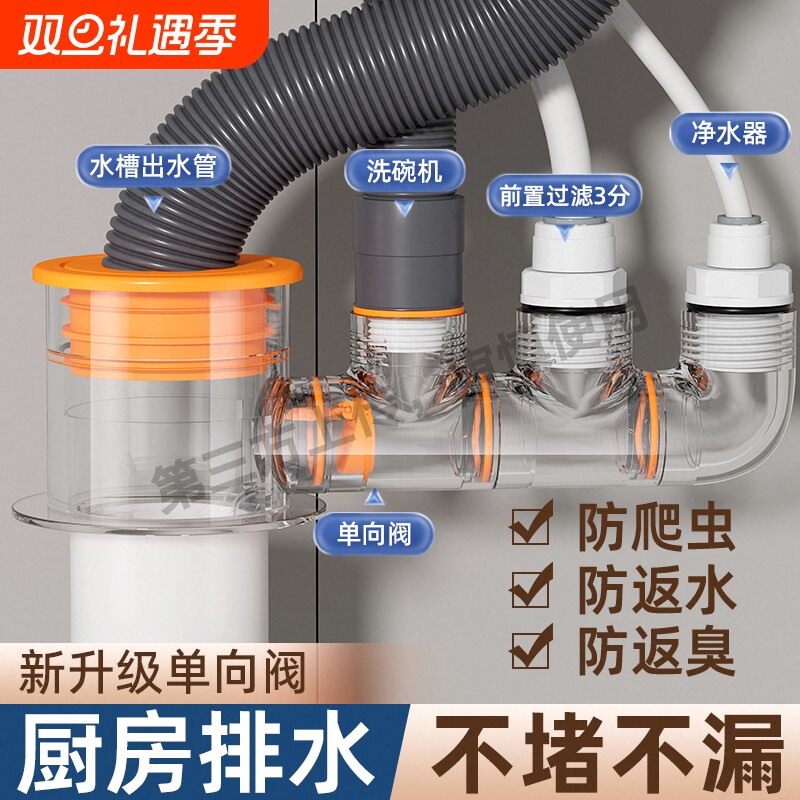 厨房下水管净水器三通接头水槽洗菜盆洗碗机排水管三通头防臭神器