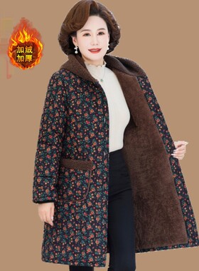 中老年人棉衣女士加绒加厚妈妈秋冬装棉服中长款碎花棉袄外套咖色