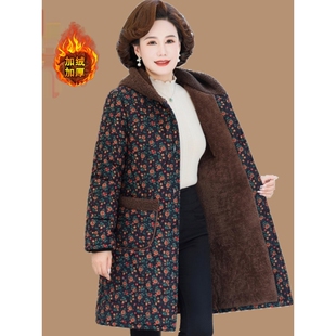 中老年人棉衣女士加绒加厚妈妈秋冬装棉服中长款碎花棉袄外套咖色